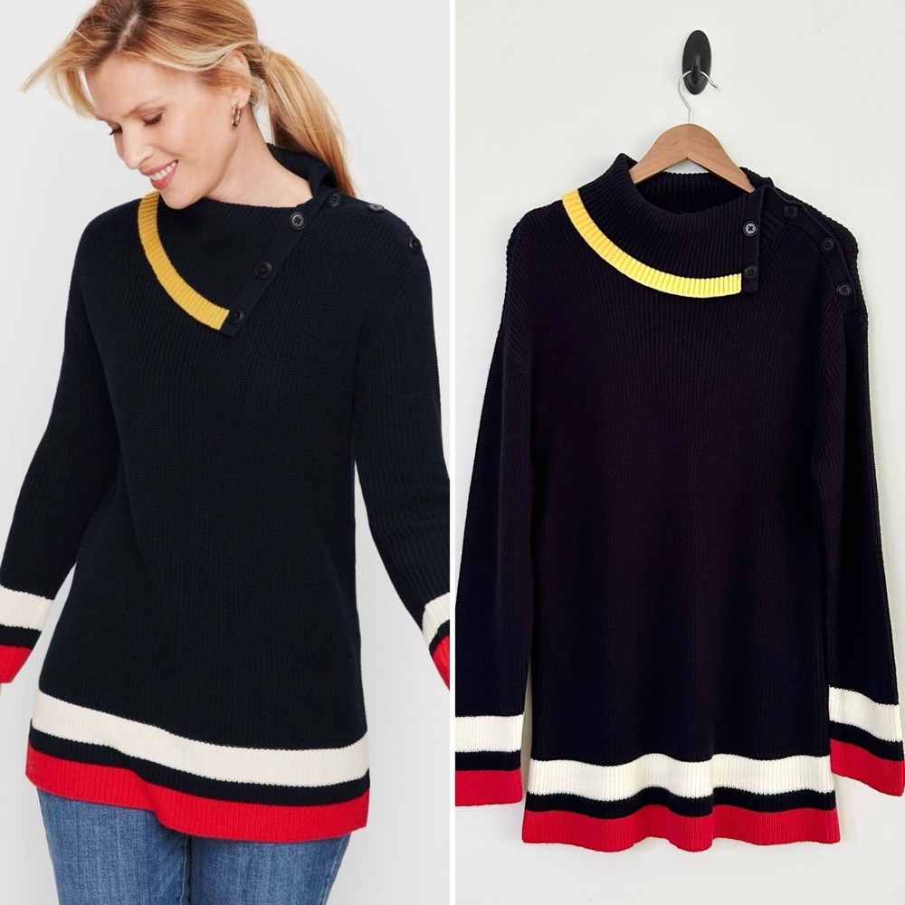 Talbots Large Navy Red Yellow Multicolor Split Neck Pullover Tunic Sweater NWOT